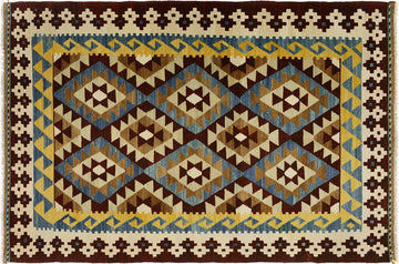 Flat Weave Kilim, Antique, Navaho, Vintage, Handmade, Geometric Kilim Brown Beige Hand-Woven Rectangle 100% Wool Area Rug 4 x 6